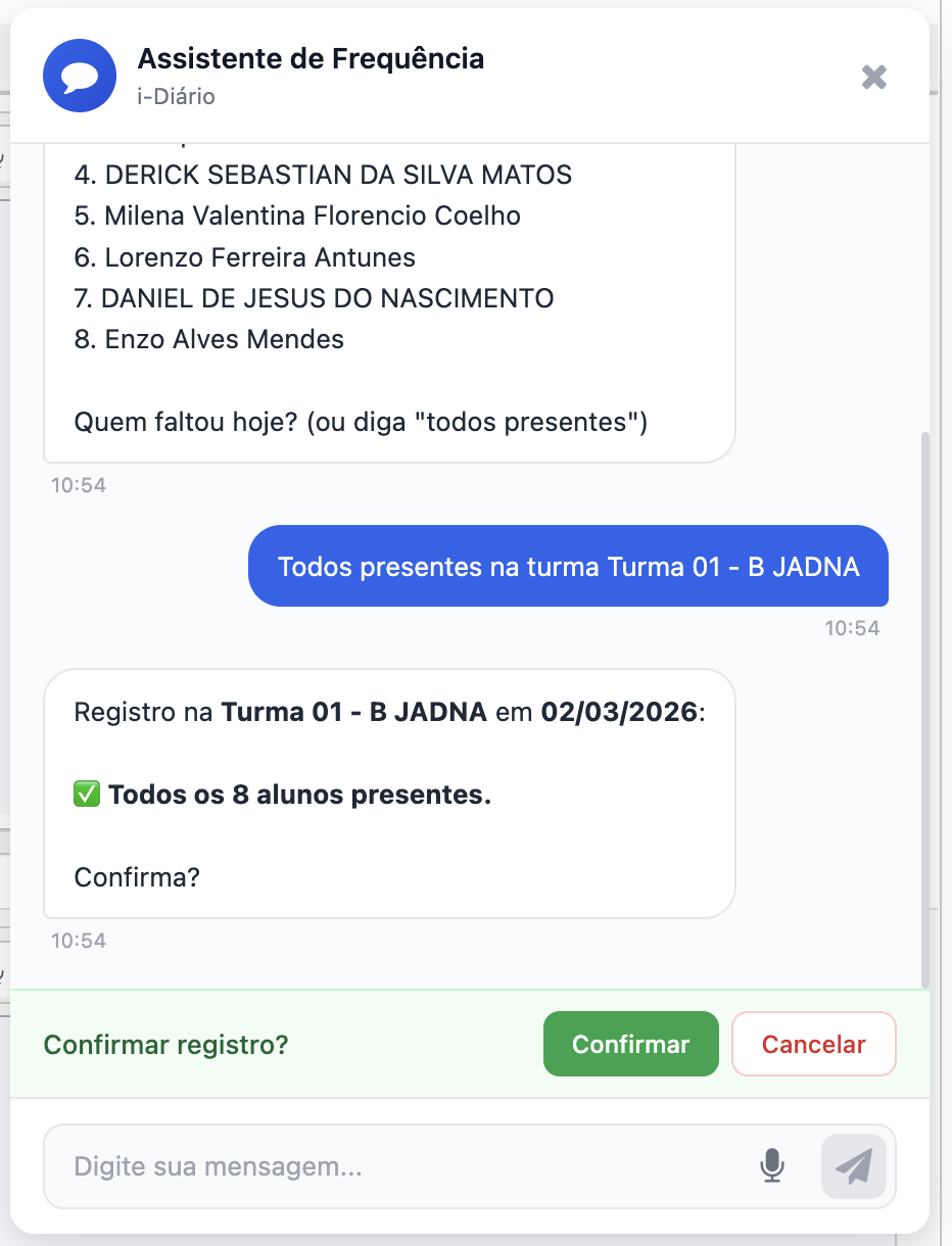 Chat de frequência - confirmação do registro