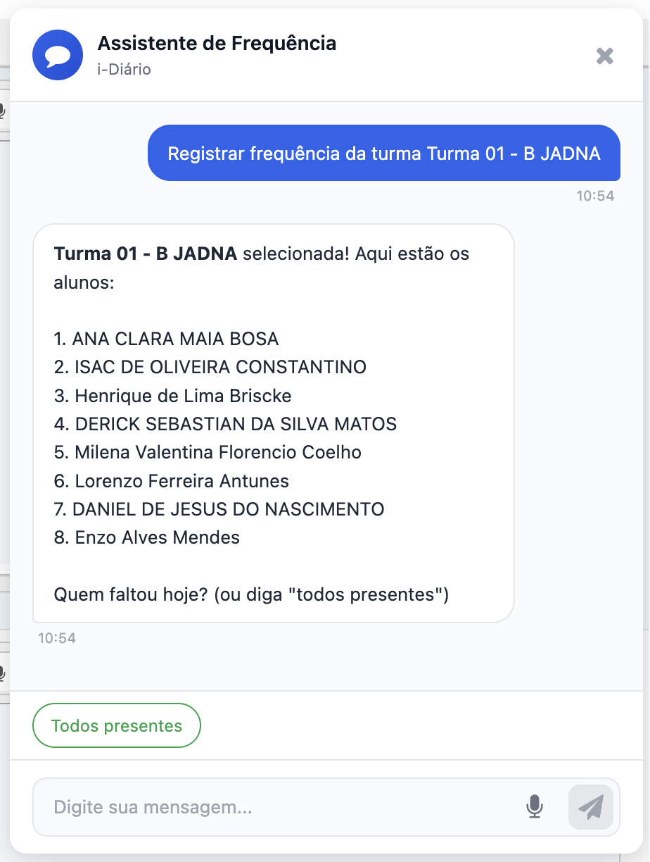 Chat de frequência - lista de alunos