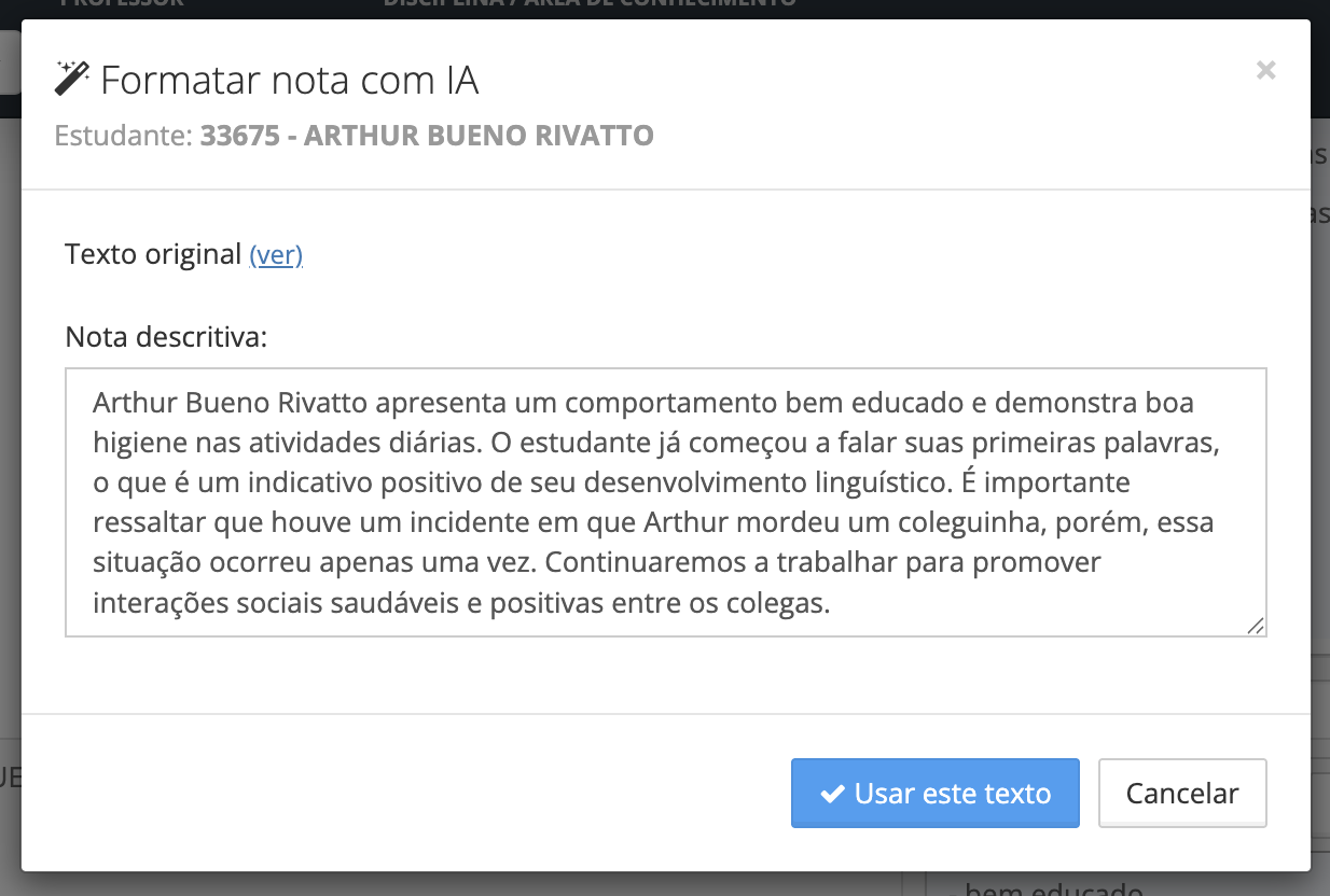 Modal com texto formatado pela IA