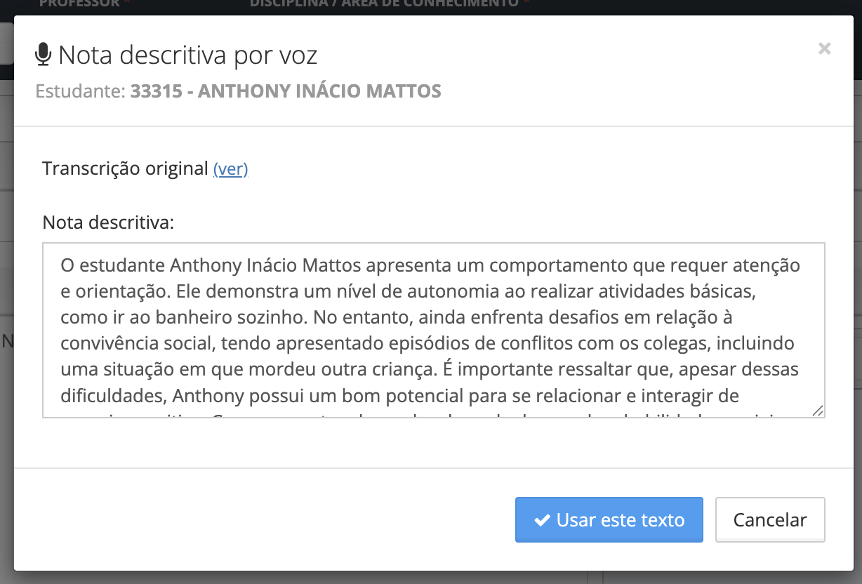 Modal com resultado da transcrição formatada